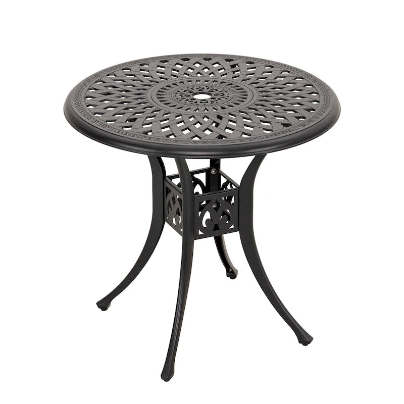 Black Round Cast Aluminum Bistro Table for 2, Lattice Pattern