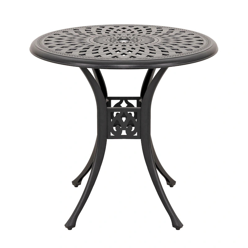 Black Round Cast Aluminum Bistro Table for 2, Lattice Pattern