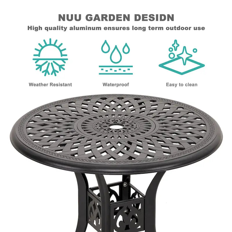 Black Round Cast Aluminum Bistro Table for 2, Lattice Pattern