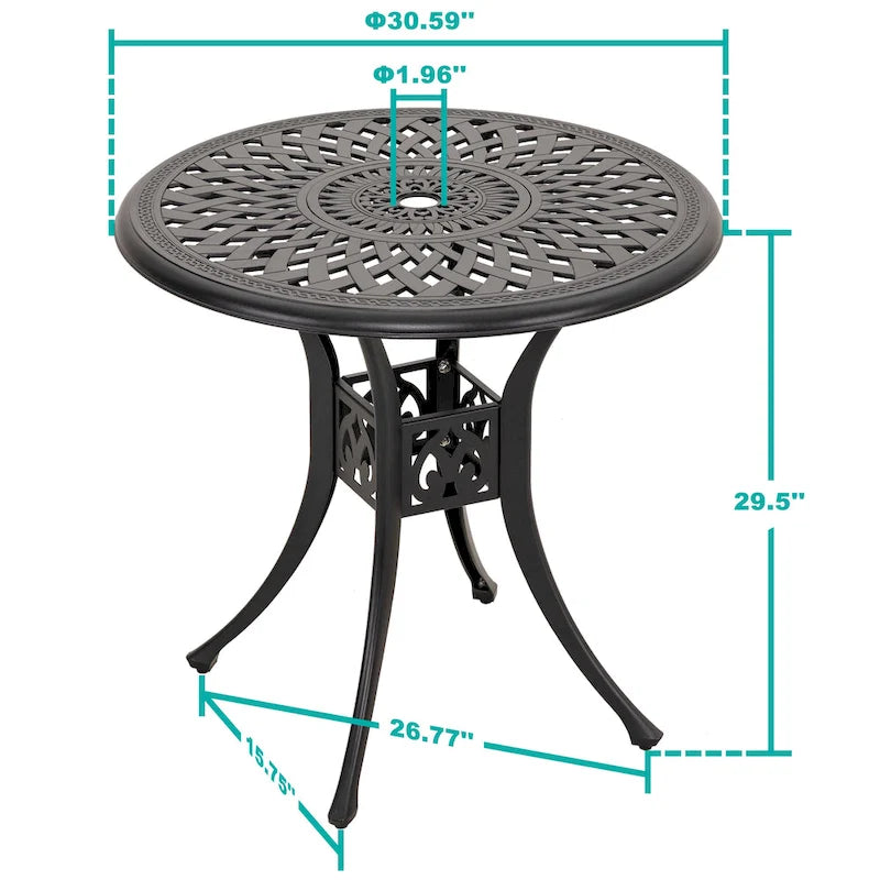 Black Round Cast Aluminum Bistro Table for 2, Lattice Pattern