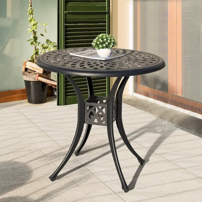 Black Round Cast Aluminum Bistro Table for 2, Lattice Pattern
