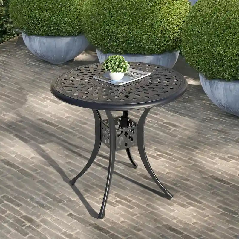 Black Round Cast Aluminum Bistro Table for 2, Lattice Pattern