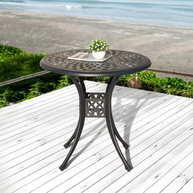 Black Round Cast Aluminum Bistro Table for 2, Lattice Pattern