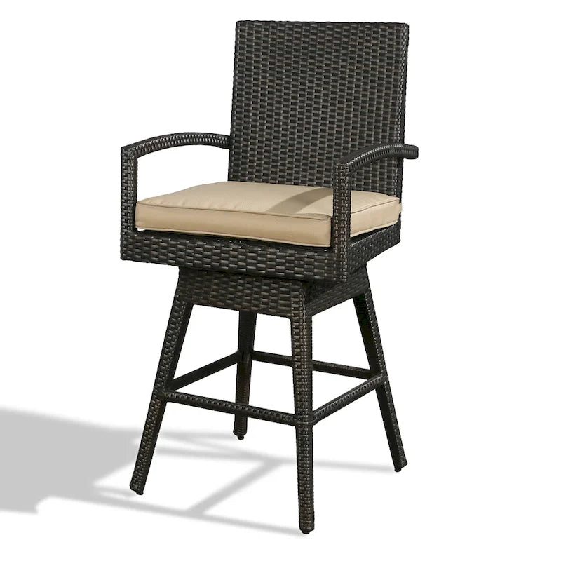 Brown Outdoor Swivel Bar Stool with Cushion, 360° Swivel, Single Seat