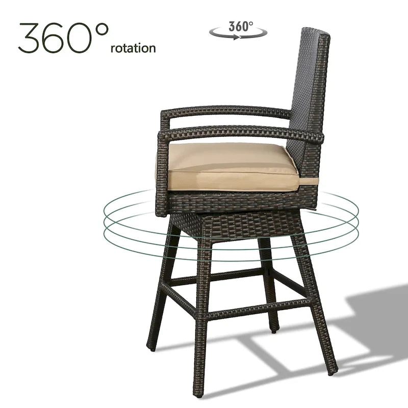 Brown Outdoor Swivel Bar Stool with Cushion, 360° Swivel, Single Seat