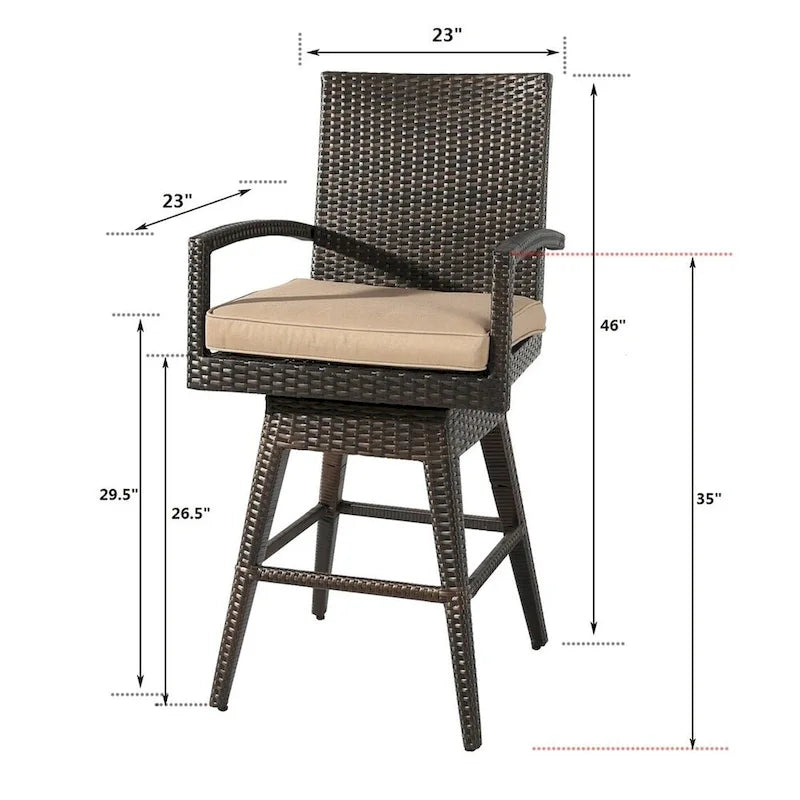Brown Outdoor Swivel Bar Stool with Cushion, 360° Swivel, Single Seat