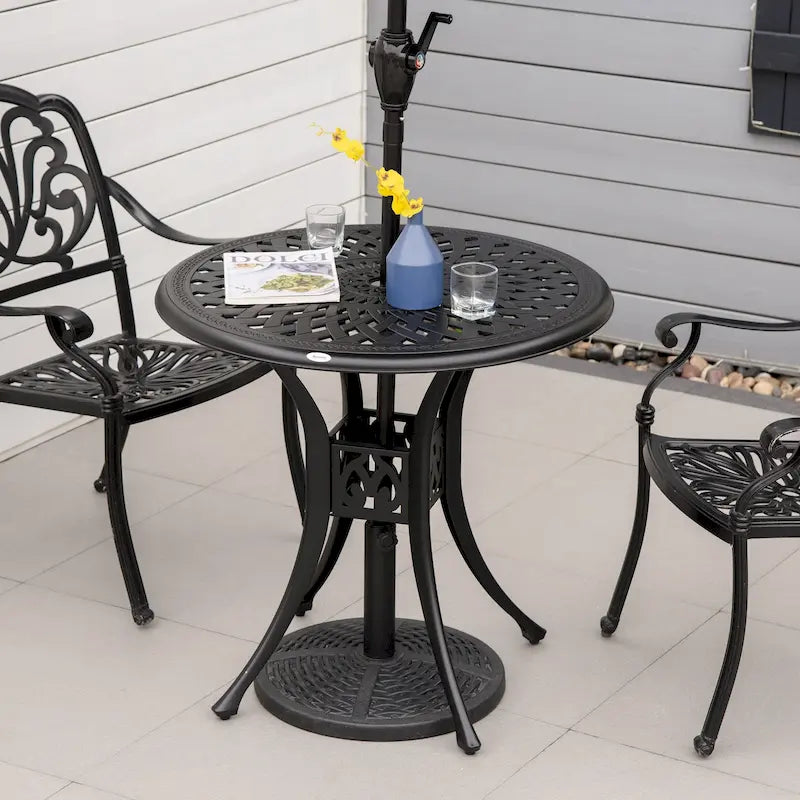 Black Round Cast Aluminum Outdoor Bistro Table with Umbrella Hole, 2-Person