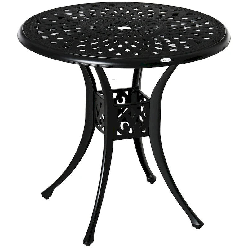 Black Round Cast Aluminum Outdoor Bistro Table with Umbrella Hole, 2-Person