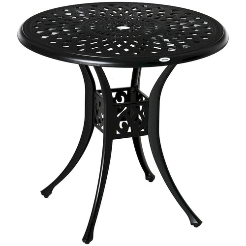 Black Round Cast Aluminum Outdoor Bistro Table with Umbrella Hole, 2-Person