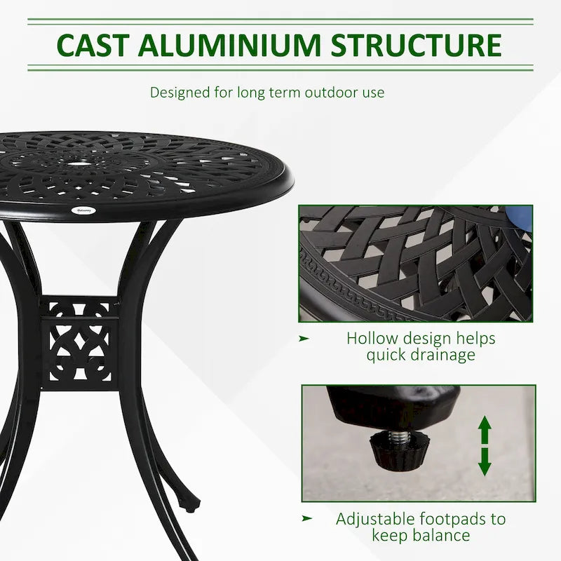 Black Round Cast Aluminum Outdoor Bistro Table with Umbrella Hole, 2-Person