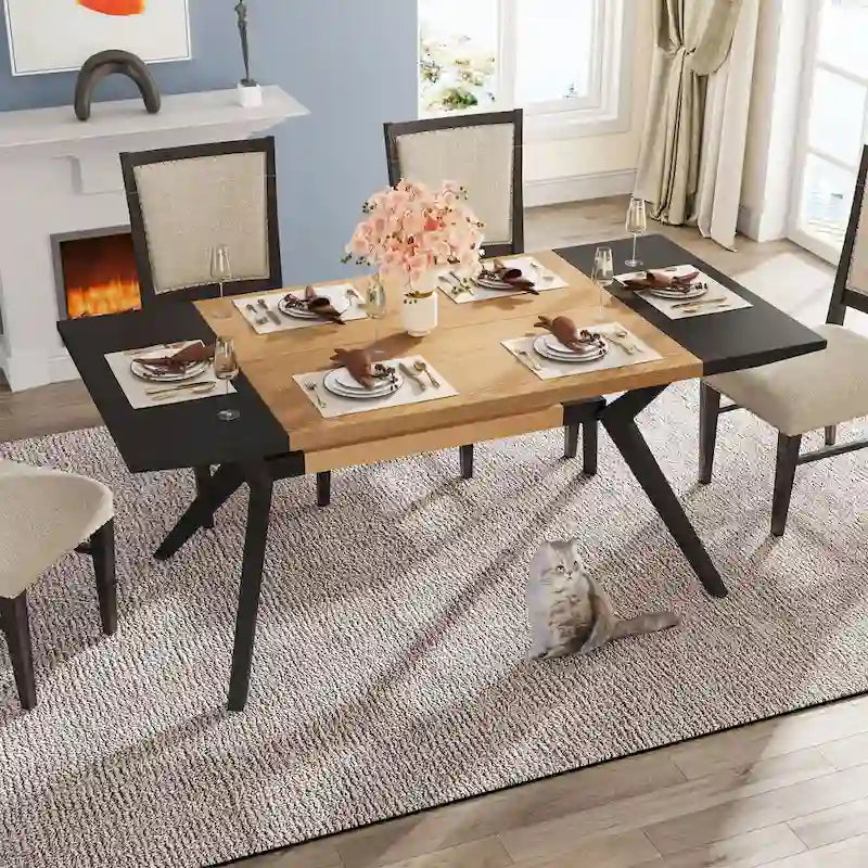 63" Dining Table, Brown Wood Top & Black Metal X-Frame, Seats 4-6