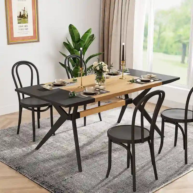 63" Dining Table, Brown Wood Top & Black Metal X-Frame, Seats 4-6