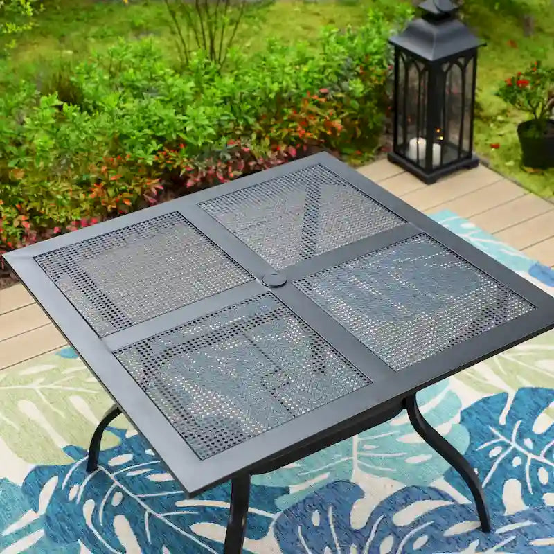 Black Square Outdoor Dining Table for 4, Steel Frame with Umbrella Hole
