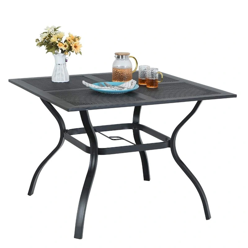 Black Square Outdoor Dining Table for 4, Steel Frame with Umbrella Hole