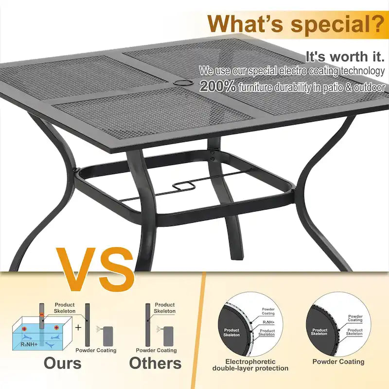Black Square Outdoor Dining Table for 4, Steel Frame with Umbrella Hole