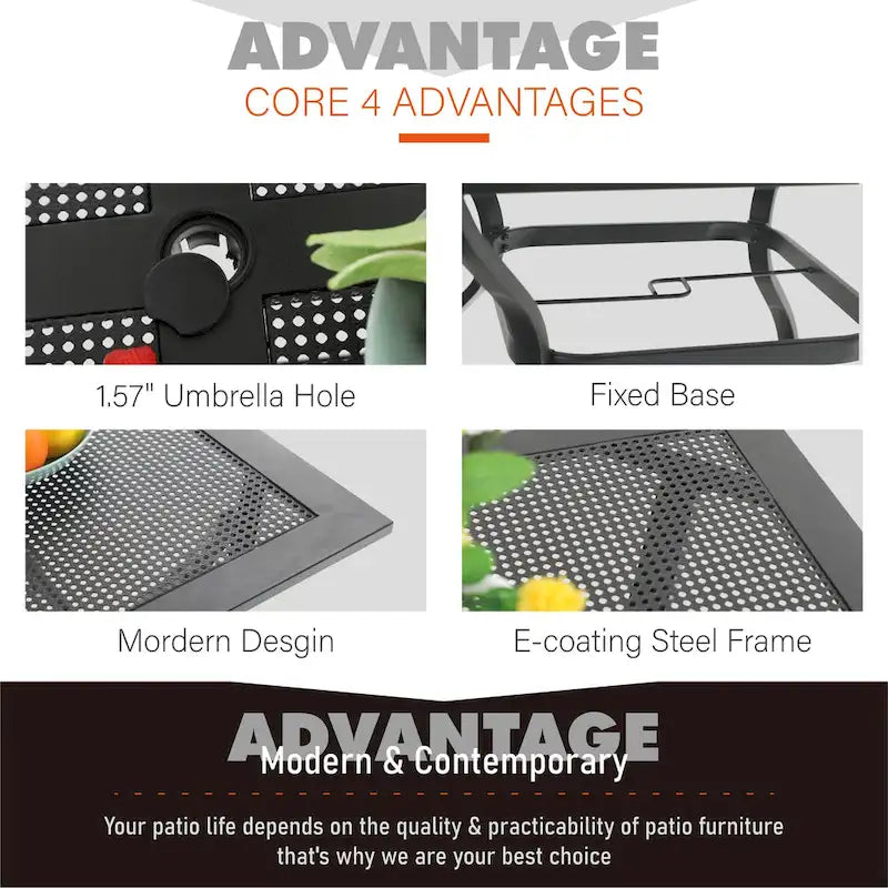 Black Square Outdoor Dining Table for 4, Steel Frame with Umbrella Hole