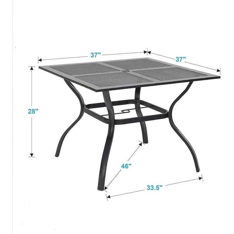 Black Square Outdoor Dining Table for 4, Steel Frame with Umbrella Hole
