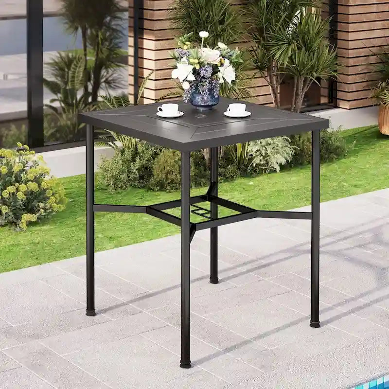 Black Square Metal Outdoor Bar Table with Umbrella Hole, 2-Person
