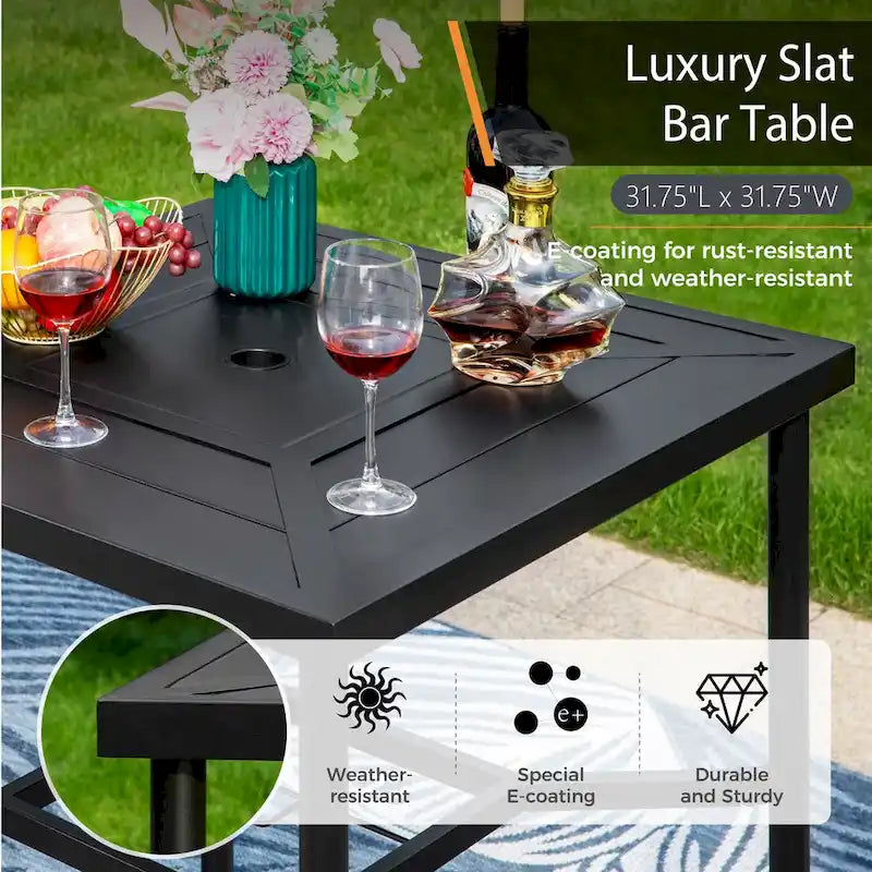 Black Square Metal Outdoor Bar Table with Umbrella Hole, 2-Person