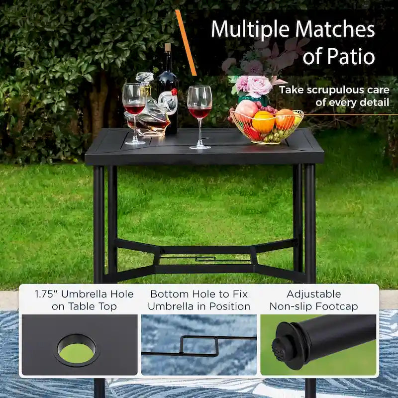 Black Square Metal Outdoor Bar Table with Umbrella Hole, 2-Person