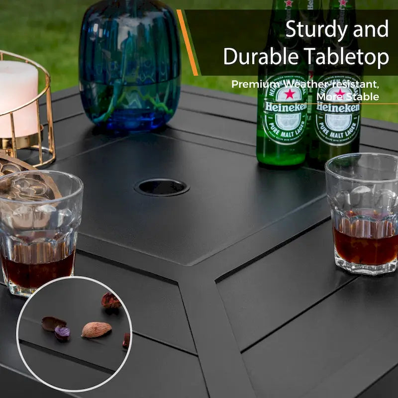 Black Square Metal Outdoor Bar Table with Umbrella Hole, 2-Person