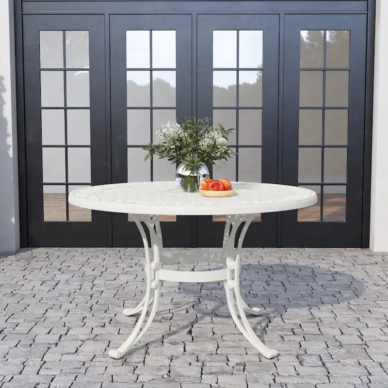 White Powder-Coated Aluminum Round Outdoor Dining Table, Seats 6