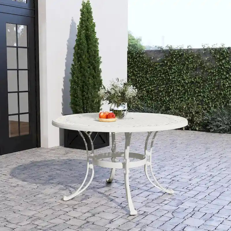 White Powder-Coated Aluminum Round Outdoor Dining Table, Seats 6