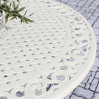 White Powder-Coated Aluminum Round Outdoor Dining Table, Seats 6