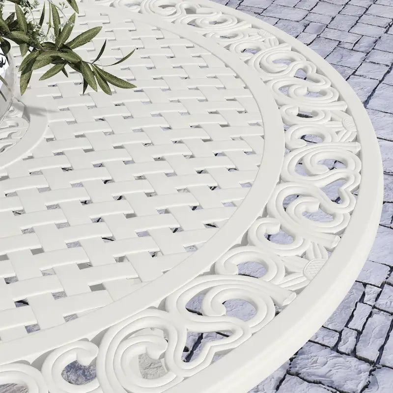White Powder-Coated Aluminum Round Outdoor Dining Table, Seats 6