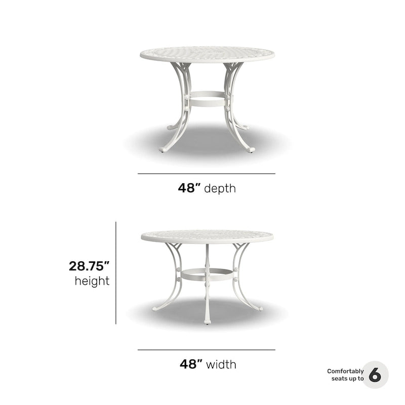 White Powder-Coated Aluminum Round Outdoor Dining Table, Seats 6