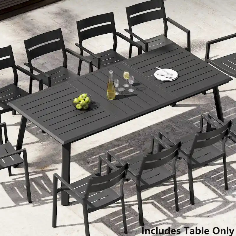 Matte Black Rectangular Aluminum Outdoor Dining Table with Umbrella Hole, Seats 6–8