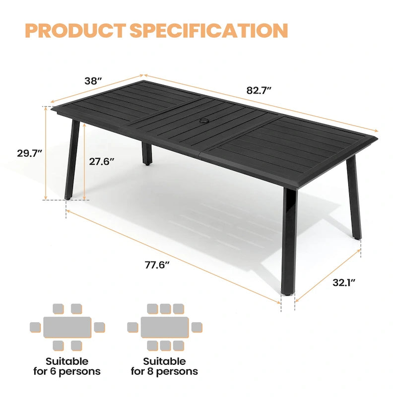Matte Black Rectangular Aluminum Outdoor Dining Table with Umbrella Hole, Seats 6–8