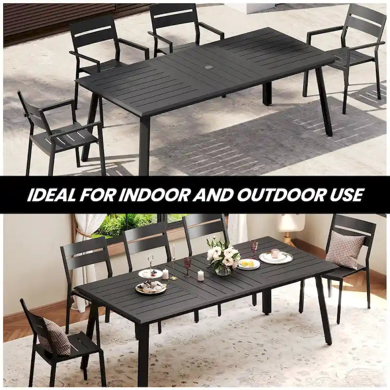 Matte Black Rectangular Aluminum Outdoor Dining Table with Umbrella Hole, Seats 6–8