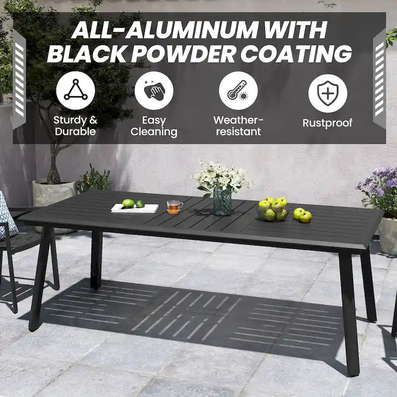 Matte Black Rectangular Aluminum Outdoor Dining Table with Umbrella Hole, Seats 6–8