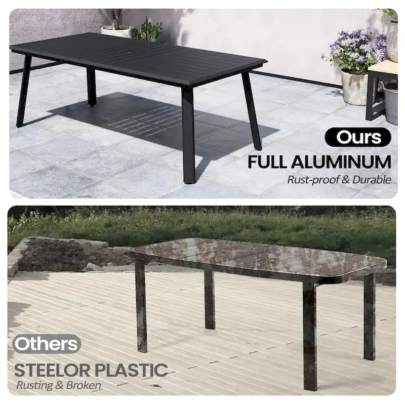 Matte Black Rectangular Aluminum Outdoor Dining Table with Umbrella Hole, Seats 6–8