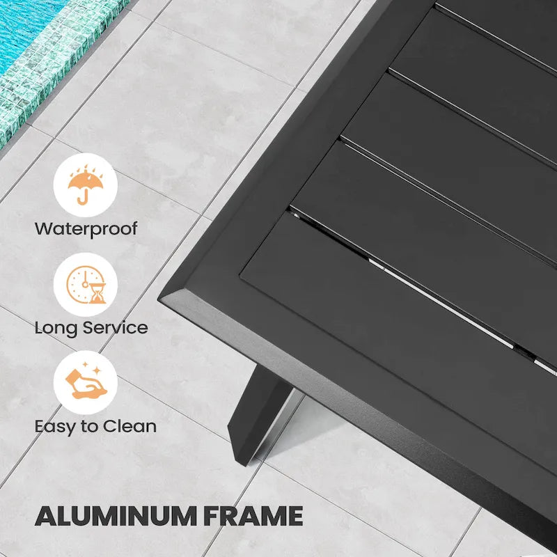 Matte Black Rectangular Aluminum Outdoor Dining Table with Umbrella Hole, Seats 6–8