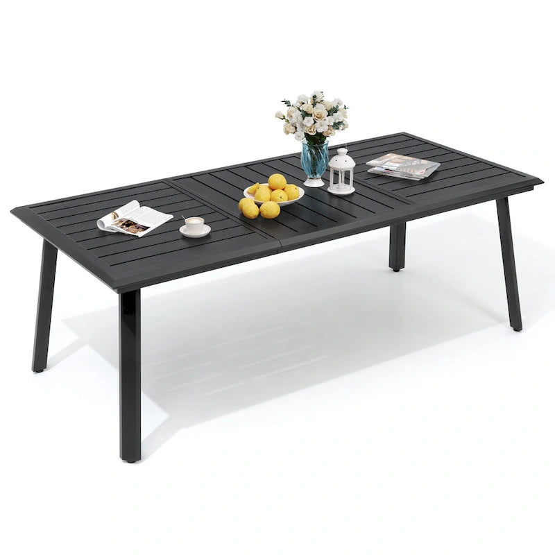 Matte Black Rectangular Aluminum Outdoor Dining Table with Umbrella Hole, Seats 6–8