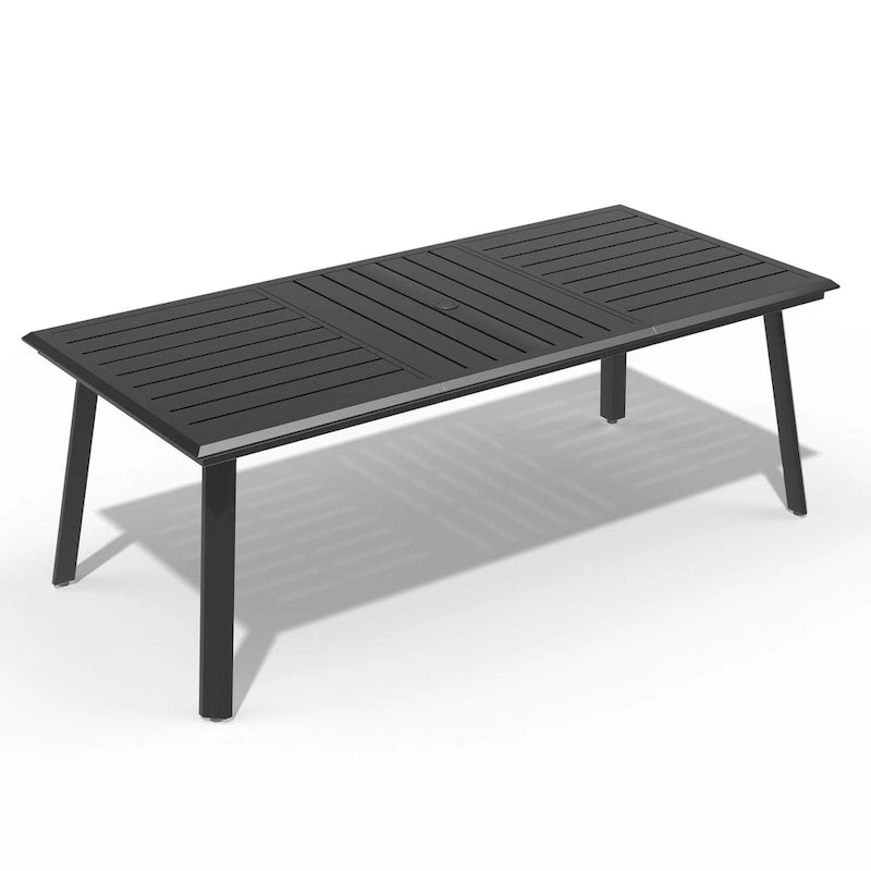 Matte Black Rectangular Aluminum Outdoor Dining Table with Umbrella Hole, Seats 6–8