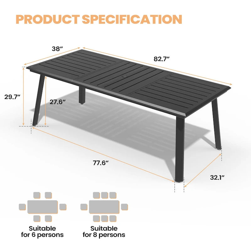 Matte Black Rectangular Aluminum Outdoor Dining Table with Umbrella Hole, Seats 6–8