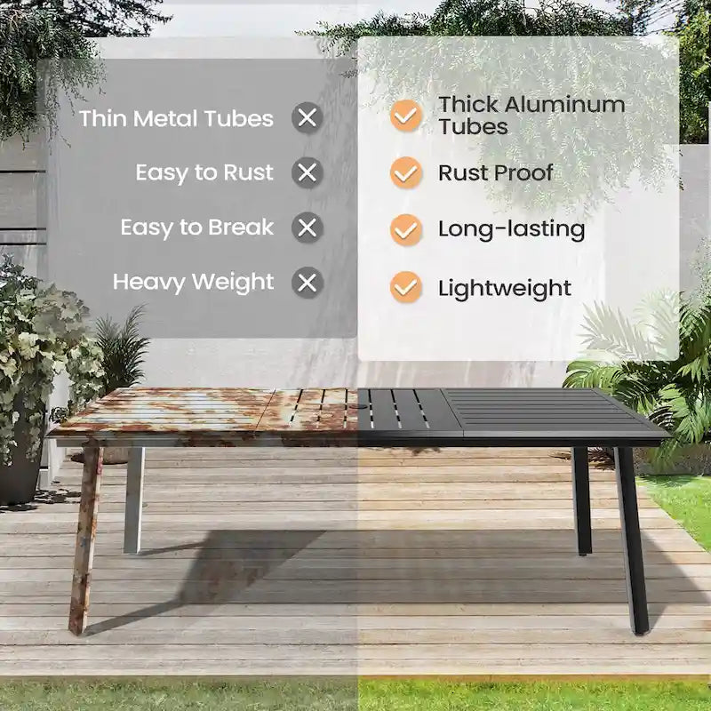 Matte Black Rectangular Aluminum Outdoor Dining Table with Umbrella Hole, Seats 6–8