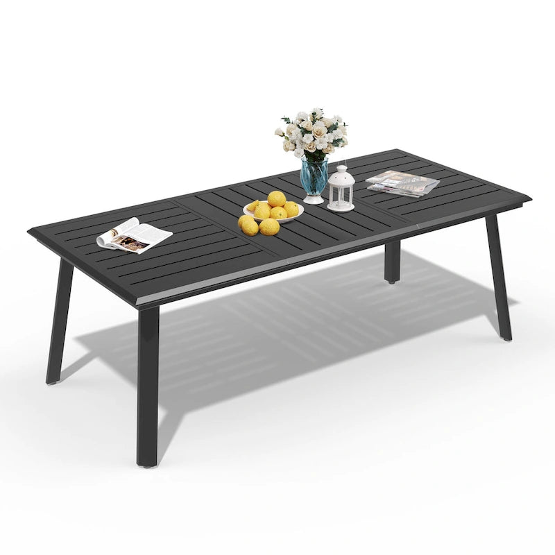 Matte Black Rectangular Aluminum Outdoor Dining Table with Umbrella Hole, Seats 6–8