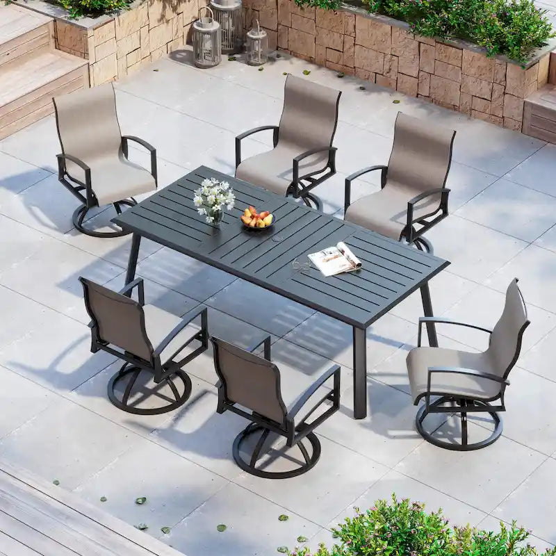 Matte Black Rectangular Aluminum Outdoor Dining Table with Umbrella Hole, Seats 6–8