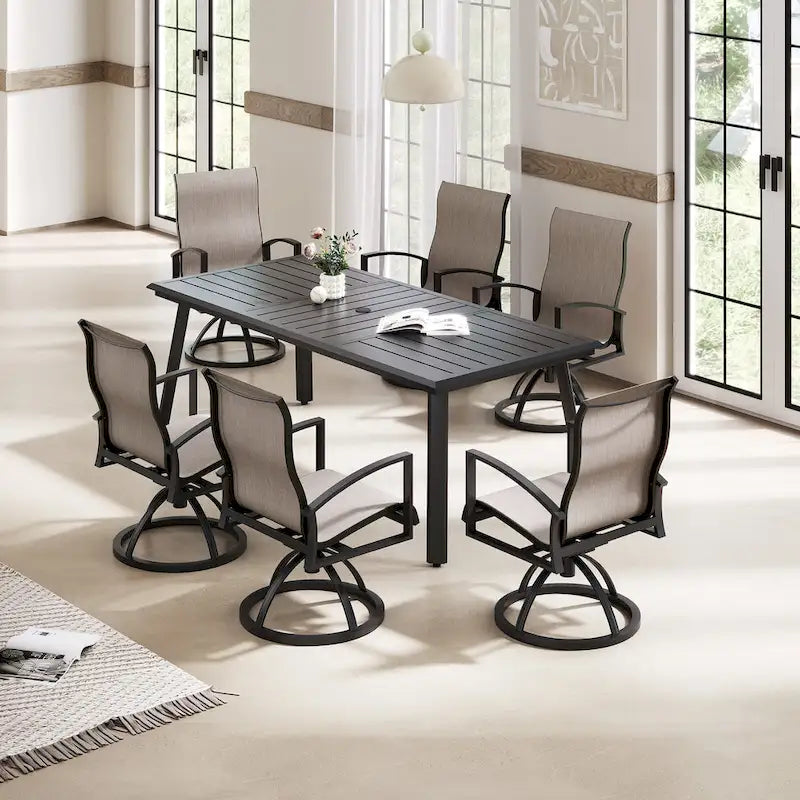 Matte Black Rectangular Aluminum Outdoor Dining Table with Umbrella Hole, Seats 6–8