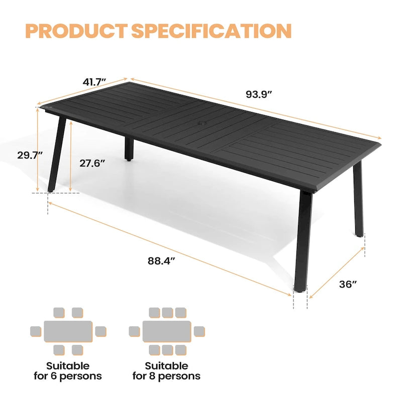 Matte Black Rectangular Aluminum Outdoor Dining Table with Umbrella Hole, Seats 6–8