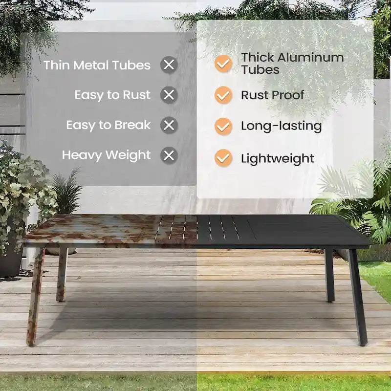 Matte Black Rectangular Aluminum Outdoor Dining Table with Umbrella Hole, Seats 6–8