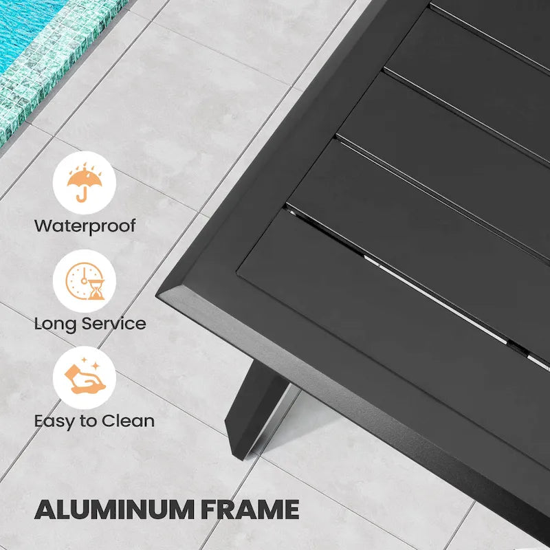 Matte Black Rectangular Aluminum Outdoor Dining Table with Umbrella Hole, Seats 6–8