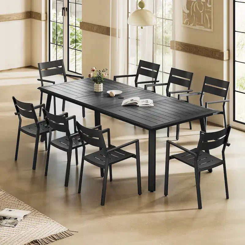 Matte Black Rectangular Aluminum Outdoor Dining Table with Umbrella Hole, Seats 6–8