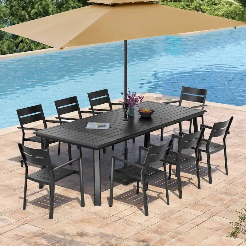 Matte Black Rectangular Aluminum Outdoor Dining Table with Umbrella Hole, Seats 6–8