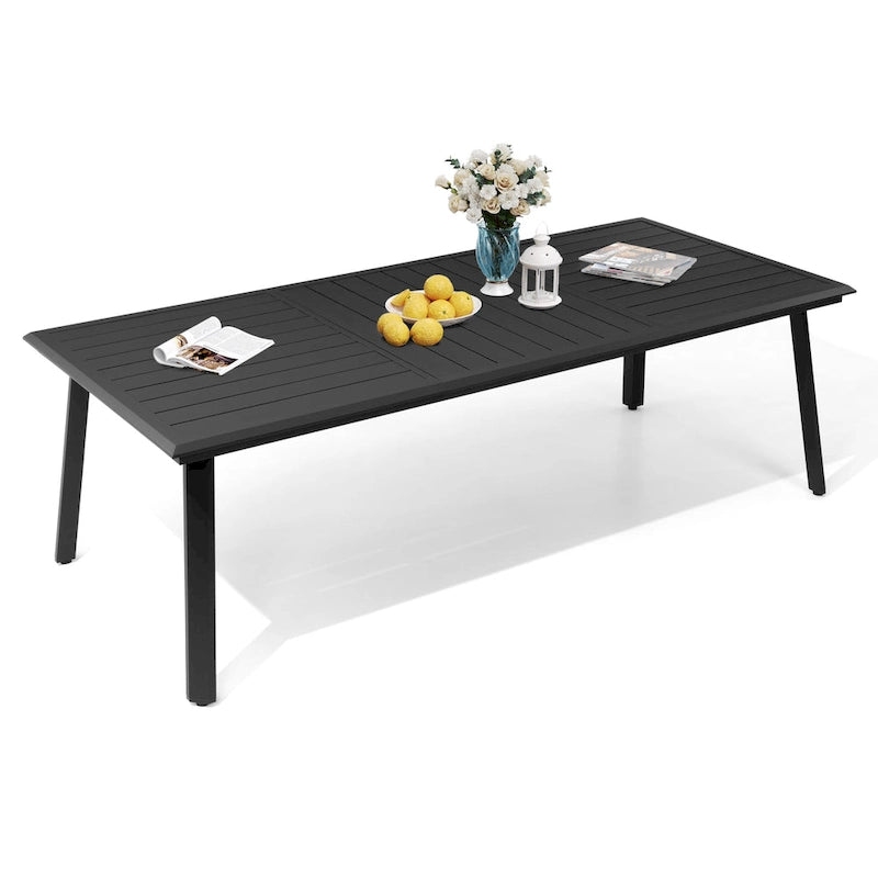 Matte Black Rectangular Aluminum Outdoor Dining Table with Umbrella Hole, Seats 6–8