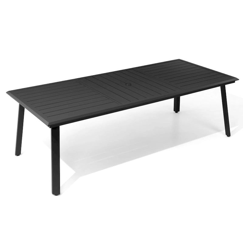 Matte Black Rectangular Aluminum Outdoor Dining Table with Umbrella Hole, Seats 6–8